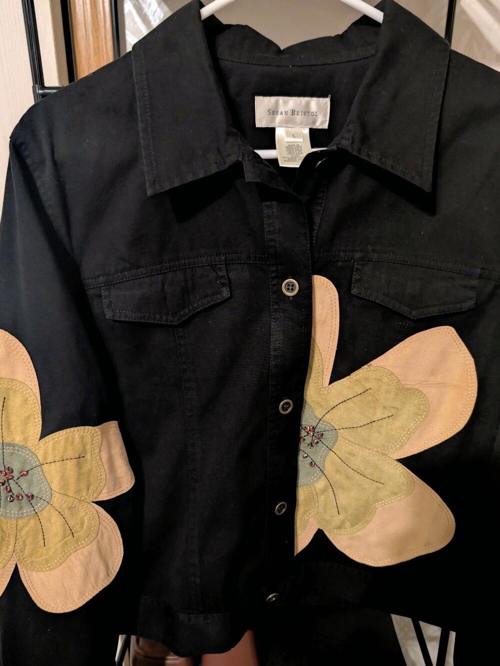 Vintage Susan Bristol Black Button-Down Jacket with Tan,Yellow Flower Appliqués-